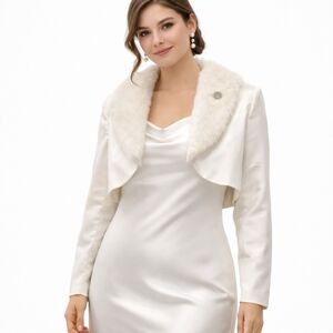 NWT Christian Michele Ivory Satin Bolero Faux Fur Shrug Size 14 Y2K Bridal Boho